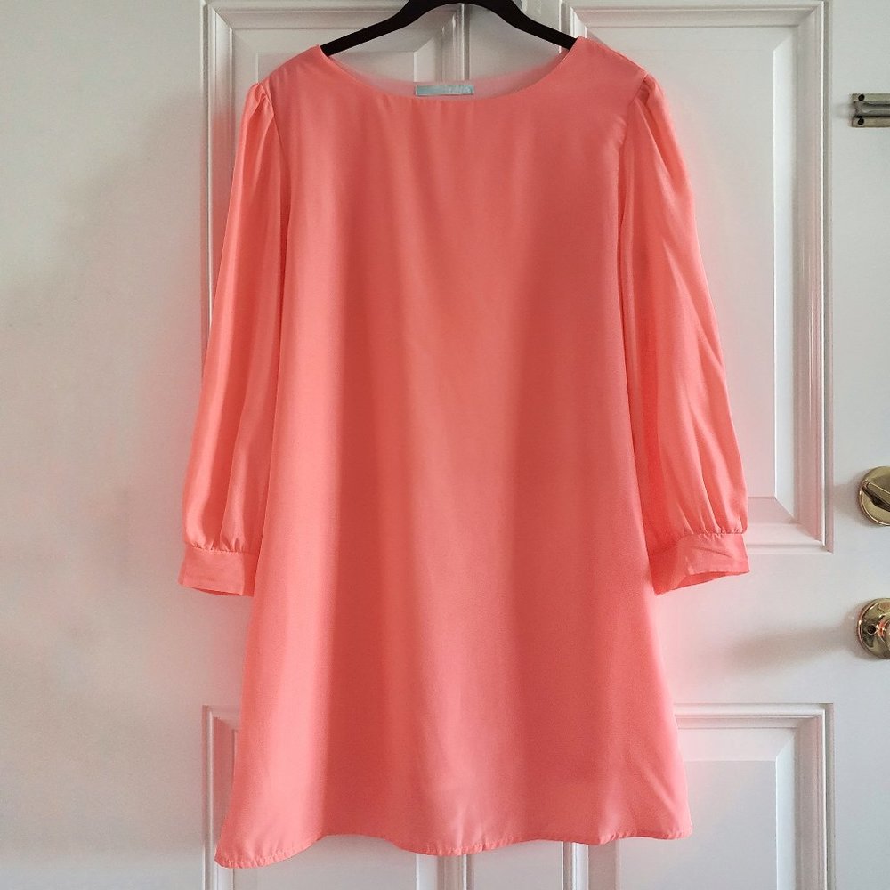LULU'S Puff Long Sleeves Scoop Neck Orange Shift Dress SZ S